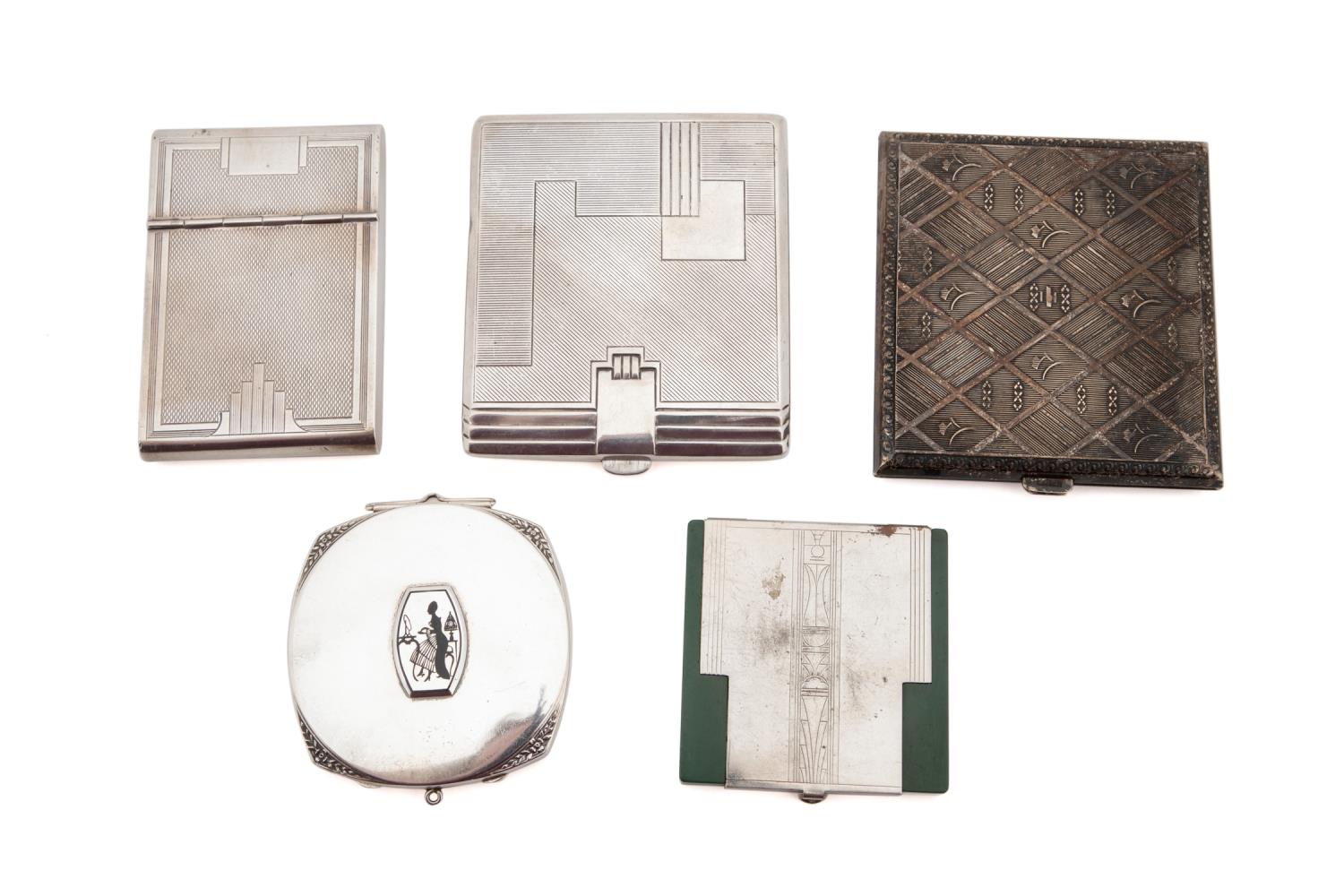 Appraisal: FIVE SILVER COMPACTS CIGARETTE CASES Five silver compacts and cigarette