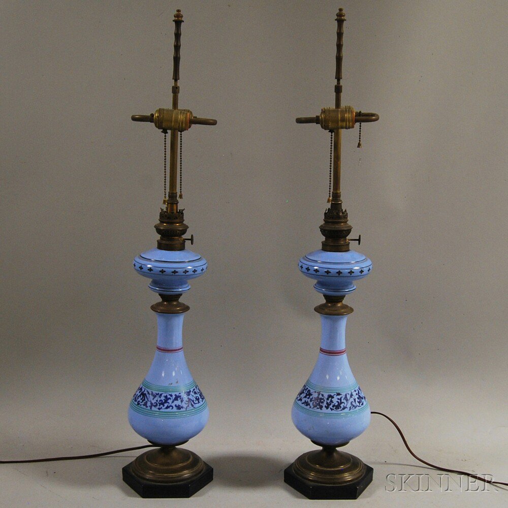 Appraisal: Pair of Periwinkle Blue Opaline Glass Lamps with painted red