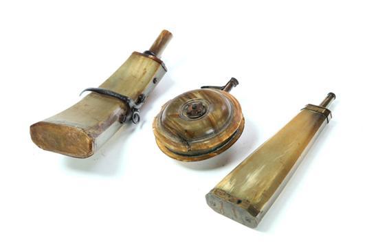 Appraisal: THREE HORN POWDER FLASKS European th century Unusual example that