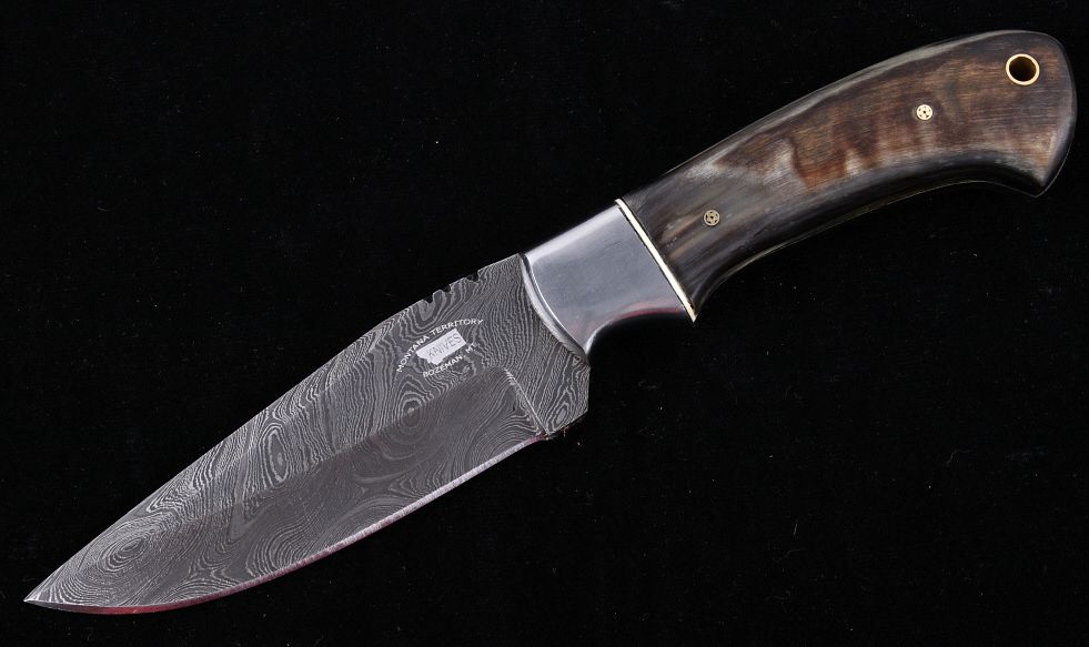 Appraisal: M T Knives of Bozeman Rams Horn Damascus Knife This