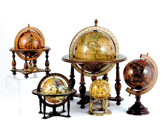 Appraisal: Collection of miniature globes three wood and two metal H