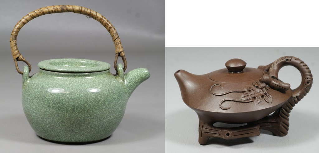 Appraisal: Crackle glazed celadon green Chinese teapot rattan handle top and