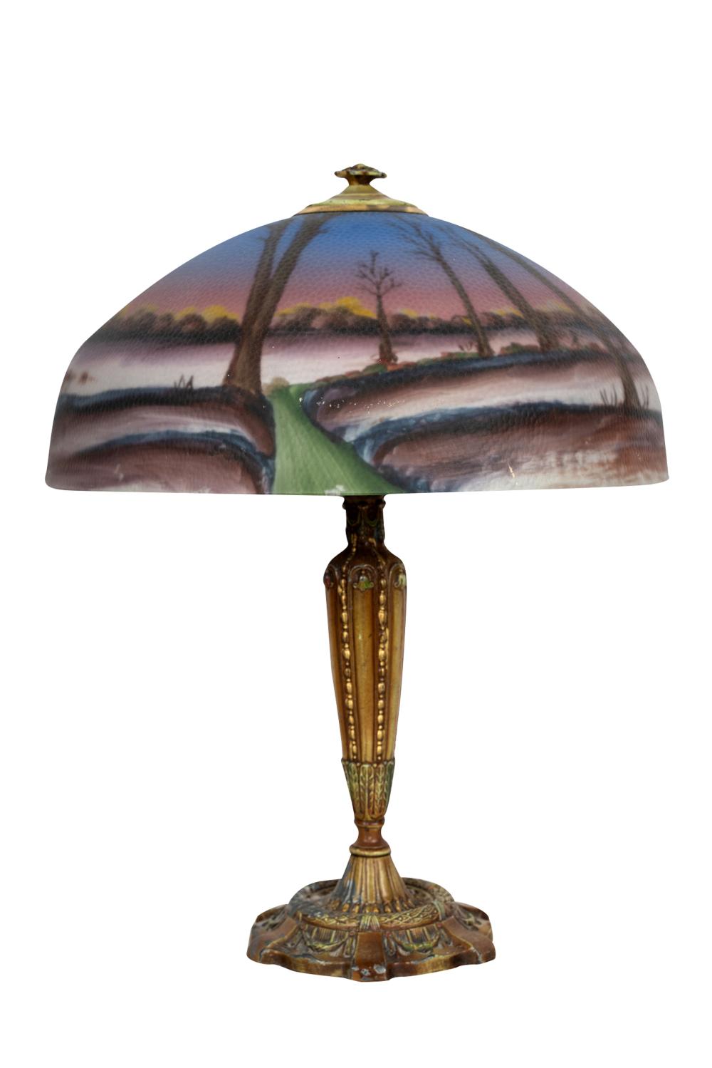 Appraisal: REVERSE PAINTED TABLE LAMPreverse painted and textured glass shade with