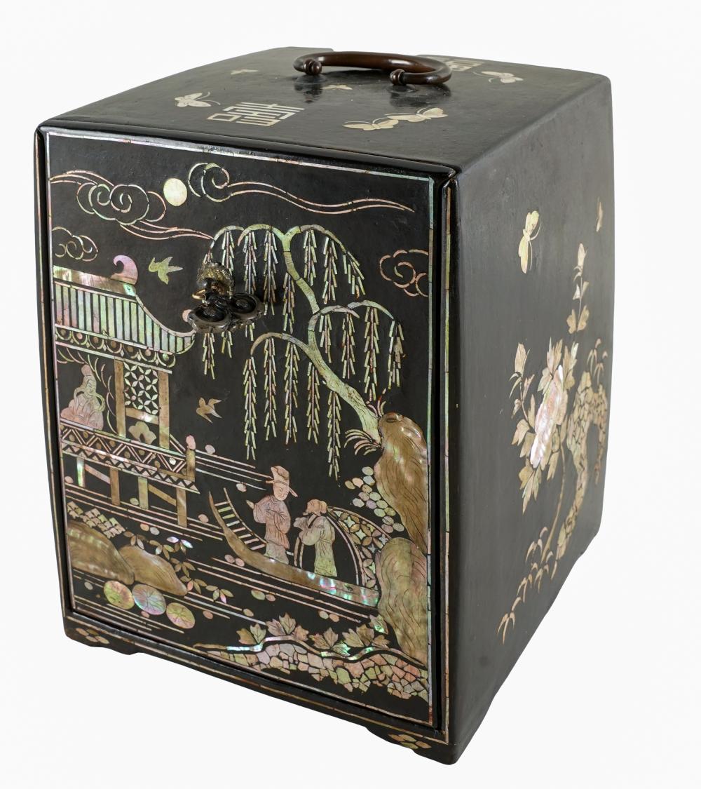 Appraisal: INLAID ASIAN BOXlacquered with mother of pearl inlay throughout with