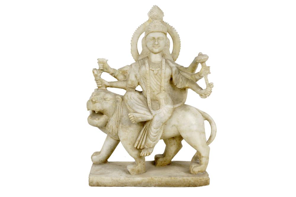 Appraisal: INDIAN CARVED MARBLE DEITY ON LIONPossibly th Century Condition with