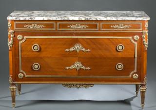 Appraisal: Louis XVI style commode chest on legs Regence settee with