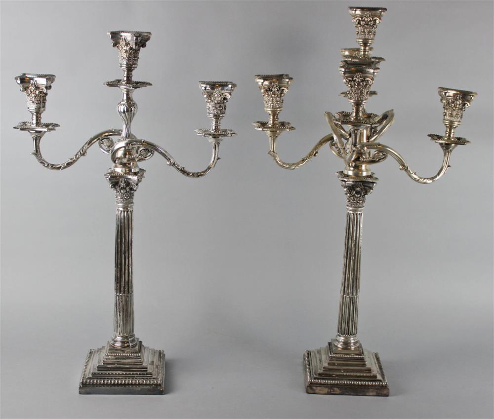 Appraisal: PAIR OF NEOCLASSICAL STYLE SILVERPLATED CONVERTIBLE THREE-LIGHT CANDELABRA mid- th