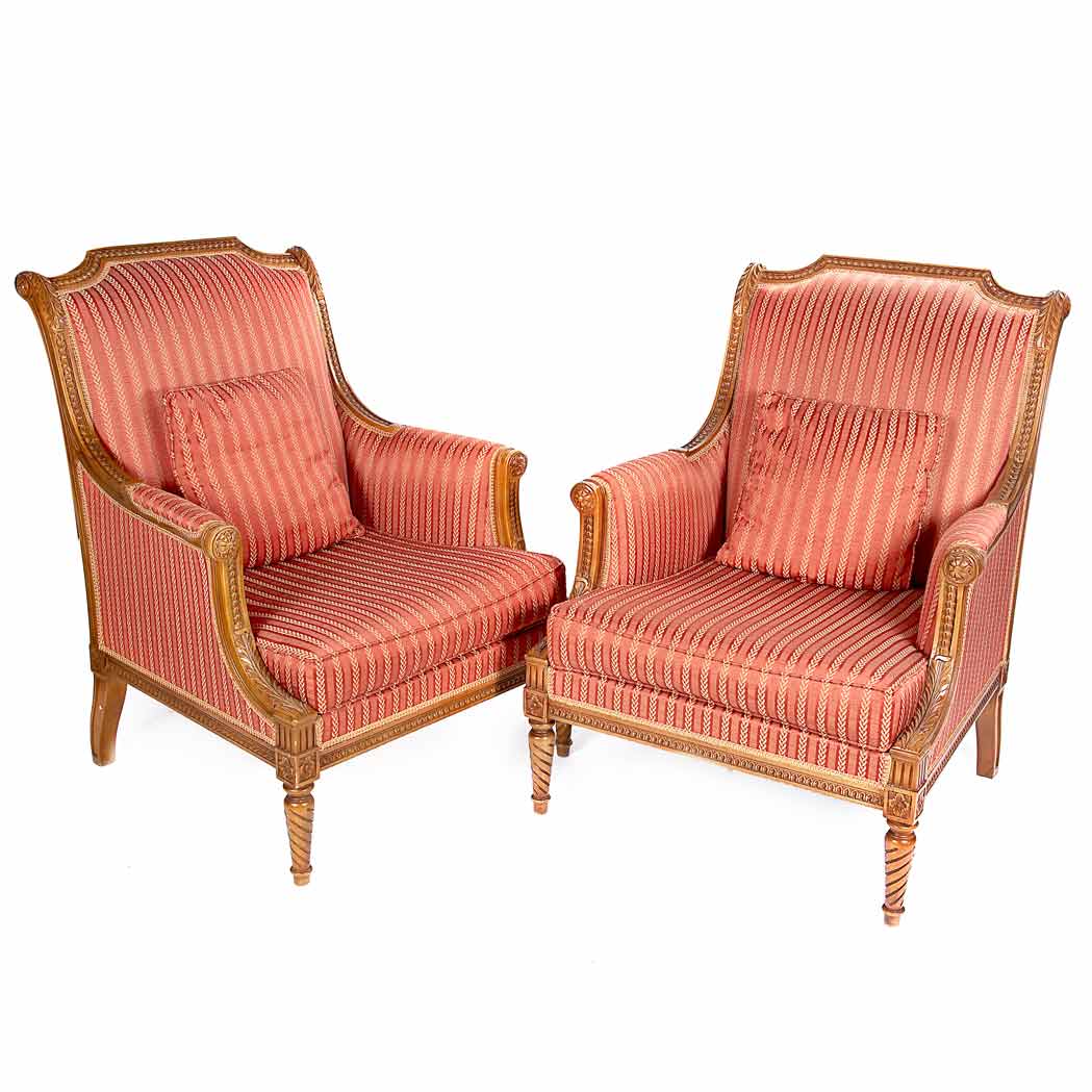 Appraisal: Pair of Louis XVI Style Carved Mahogany Bergeres Each arched