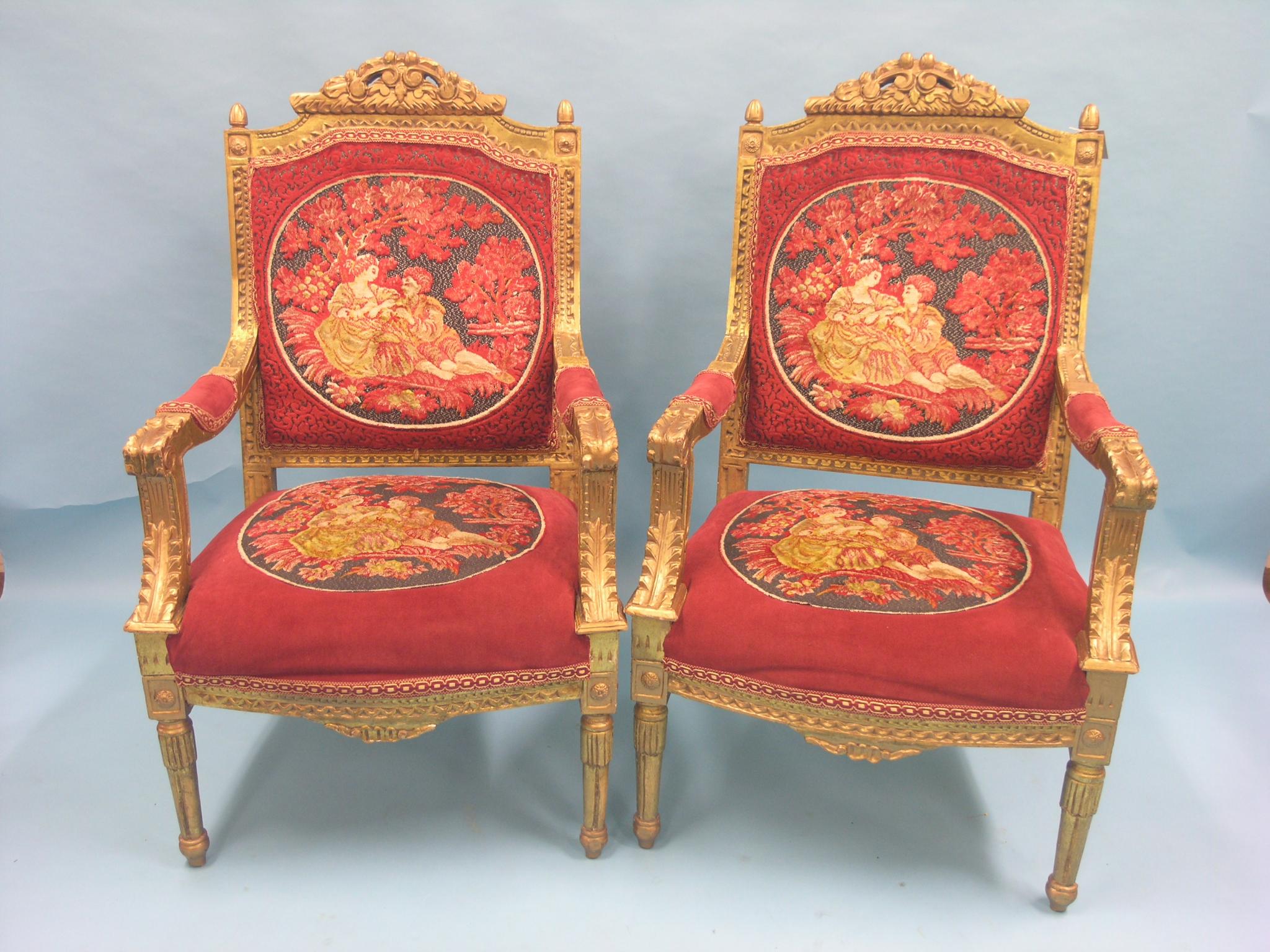 Appraisal: A pair of Louis XVI-style giltwood salon armchairs upholstered in