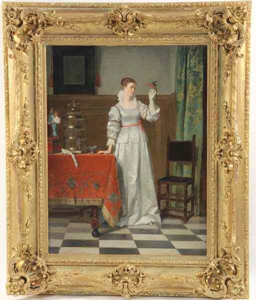 Appraisal: Francois de Leub Belgium th c Woman Birdoil on canvas