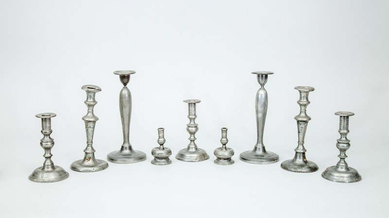 Appraisal: THREE PAIRS OF PEWTER CANDLESTICKS AND THREE SIMILAR SINGLE CANDLESTICKS