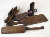 Appraisal: Seven treen dairy scoops pats etc together with a pewter