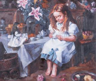 Appraisal: Etine-Dolet oil on canvas depicting a seated girl with teacup