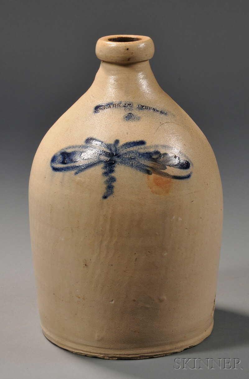 Appraisal: Dragonfly Cobalt-decorated Stoneware Jug Nathan Clark Jr Athens New York