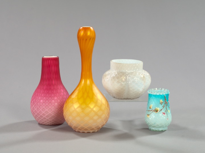 Appraisal: Group of Four Diamond-Quilted Glass Objects comprising an English mother-of-pearl