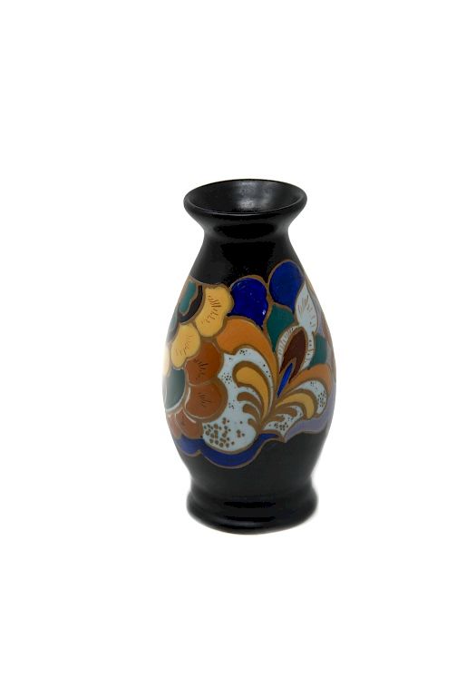 Appraisal: Gouda Vase Black With Multi-Color Abstract Floral Design Marked Esraf