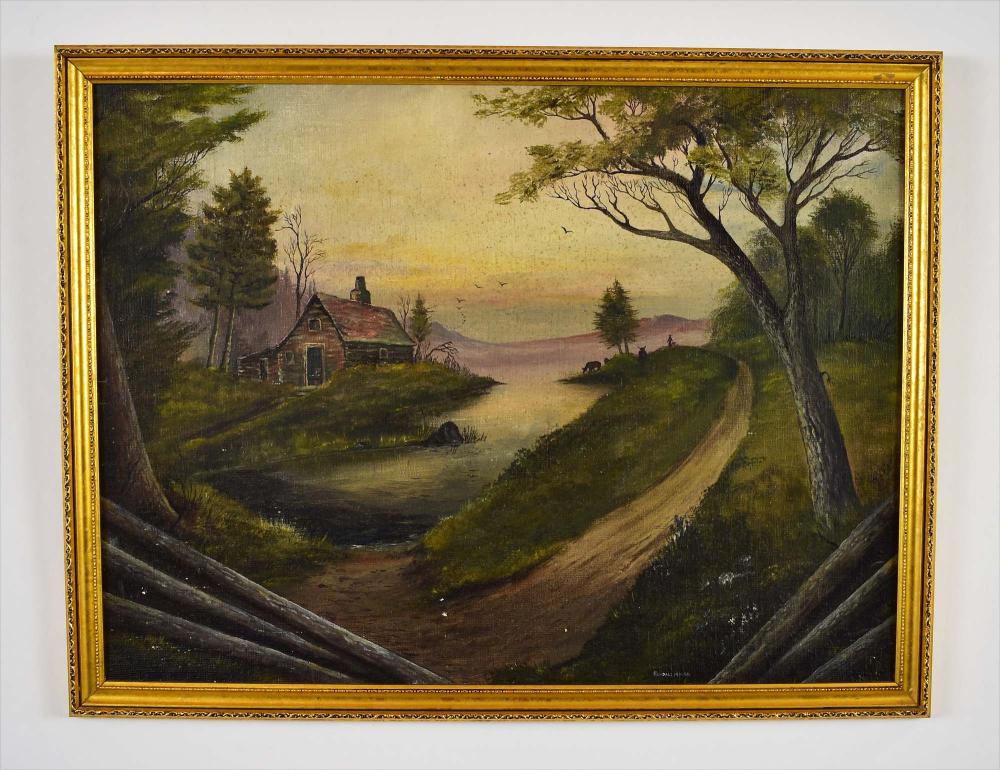 Appraisal: RANDALL MORSE AMERICAN TH CENTURY Primitive Landscape with Log Cabin