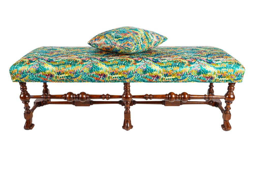 Appraisal: PROVINCIAL STYLE STAINED WOOD BEDSIDE BENCHwith modern multi-color upholstery with