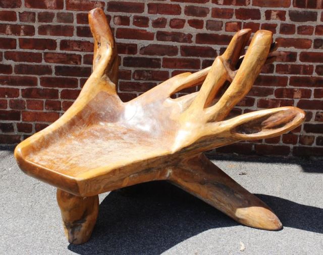 Appraisal: Large Organic Carved Teak Root Bench Intertwined backrest and carved