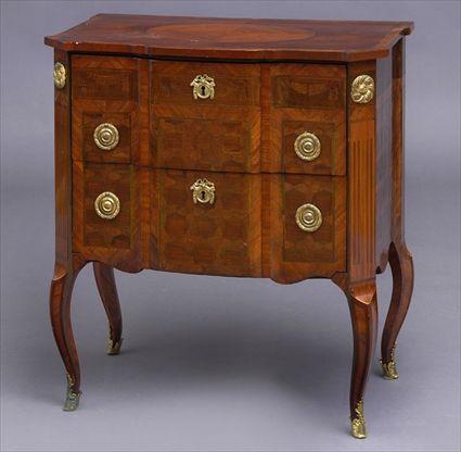 Appraisal: LOUIS XV-XVI TRANSITIONAL-STYLE GILT-METAL-MOUNTED MARQUETRY AND PARQUETRY INLAID COMMODE The