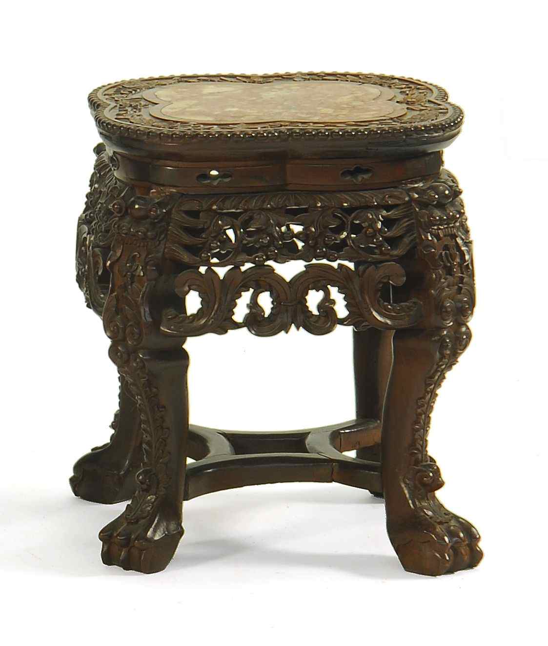 Appraisal: CHINESE CARVED WOOD STAND th CenturyWith rouge marble four-lobed top