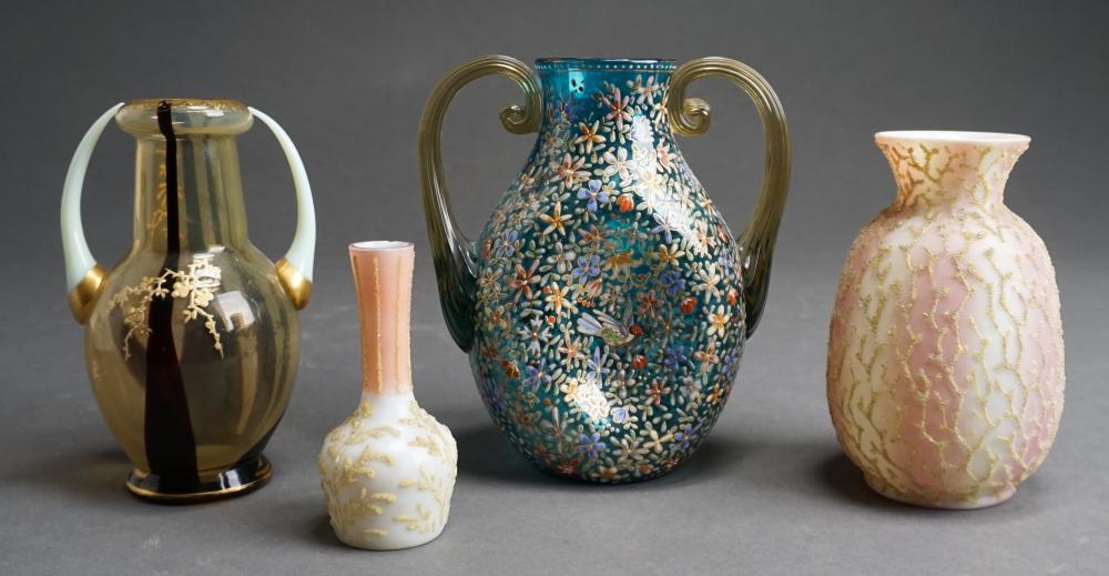 Appraisal: Two Coralene Applied Art Glass Vases and Two Enamel Decorated