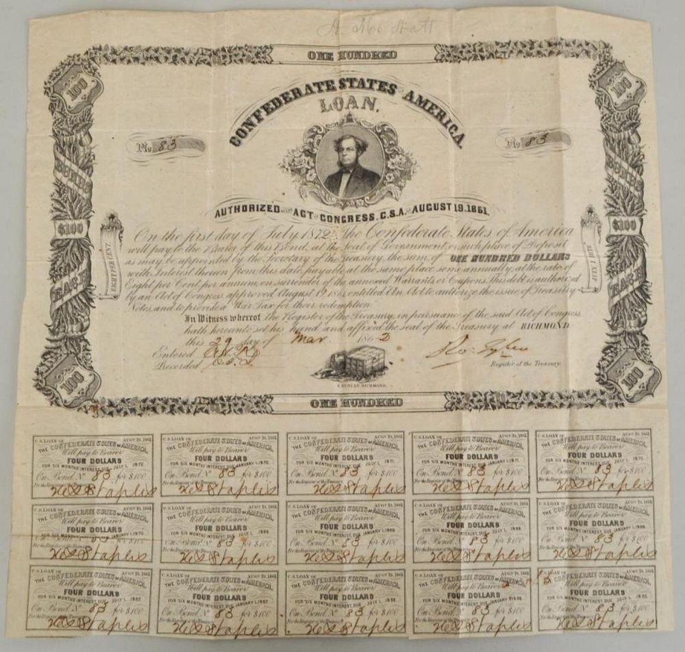 Appraisal: Confederate States of America Civil War Bond dated signed in