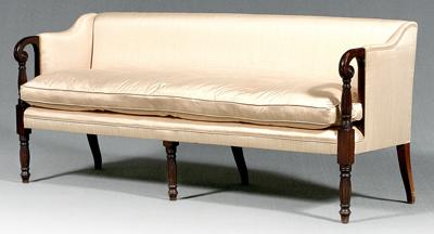 Appraisal: Federal mahogany sofa reeded legs and arm supports rolled arms