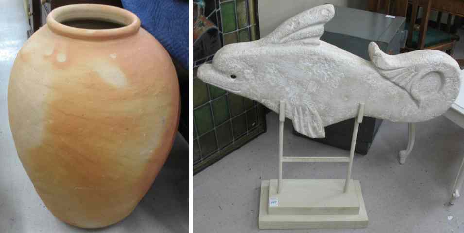 Appraisal: FISH SCULPTURE AND FLOOR VASE Plaster of Paris fish sculpture