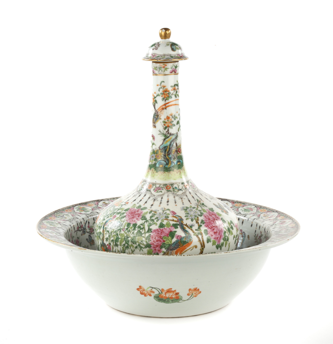 Appraisal: Chinese Export Famille Rose water bottle and basin circa sacred