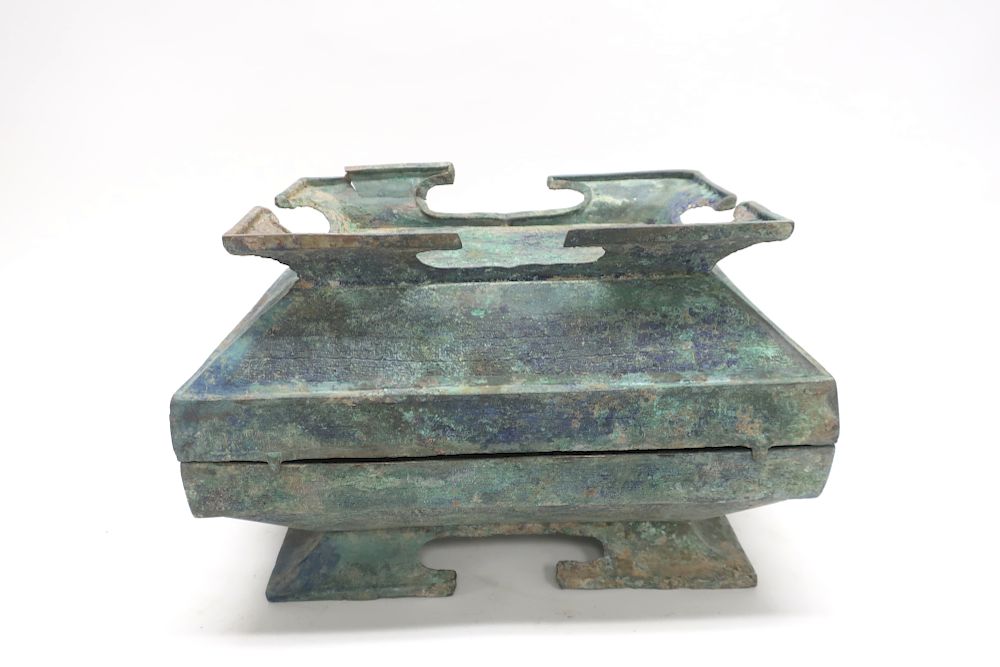 Appraisal: Bronze Rectangular Covered Vessel Lidded Fu form of a style