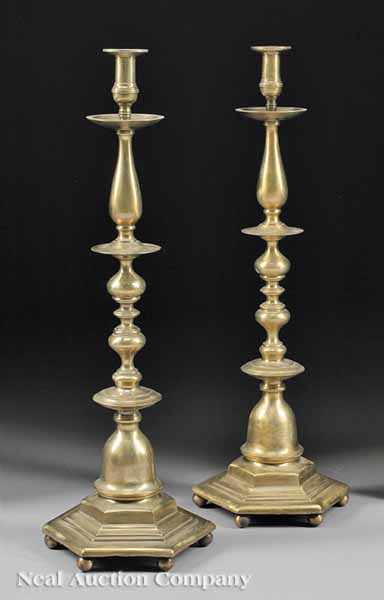 Appraisal: A Pair of Brass Table Candlesticks hexagonal stepped bases ball