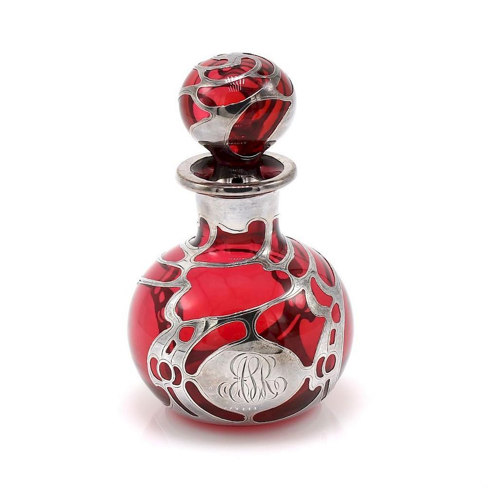 Appraisal: Red Perfume Bottle with Silver Overlay Red perfume bottle featuring