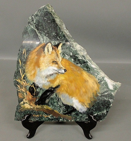 Appraisal: - Oil painted on free-form green granite of a fox