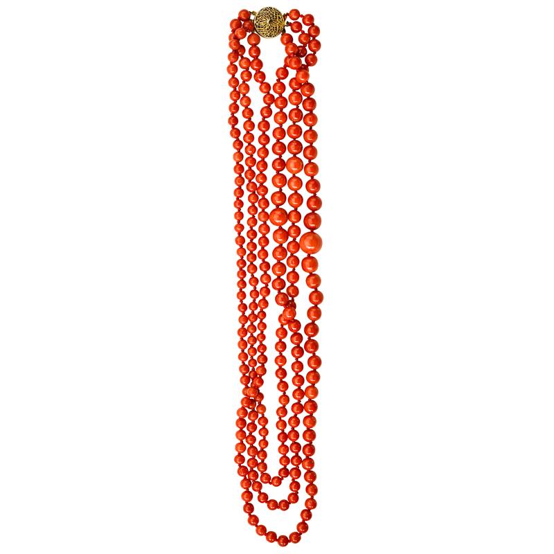 Appraisal: ORANGE RED CORAL BEAD TRIPLE STRAND NECKLACE Condition Report