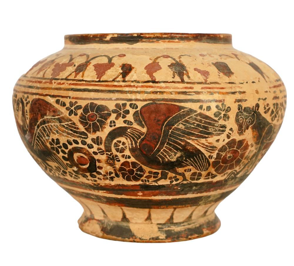 Appraisal: ANCIENT GREEK-STYLE CERAMIC TERRACOTTA BOWLpainted with ibex and vine pattern