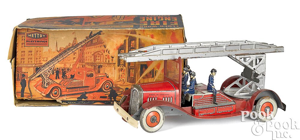 Appraisal: Mettoy tin lithograph clockwork fire ladder truck Mettoy tin lithograph