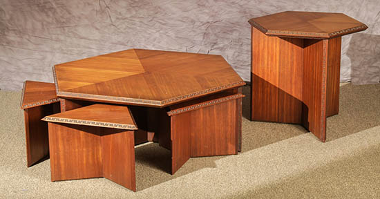 Appraisal: Frank Lloyd Wright 'Taliesin' Coffee Table Four Stools and an