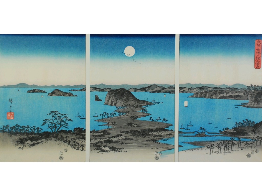 Appraisal: AFTER HIROSHIGE - WOODBLOCK TRIPTYCH River landscape each image x