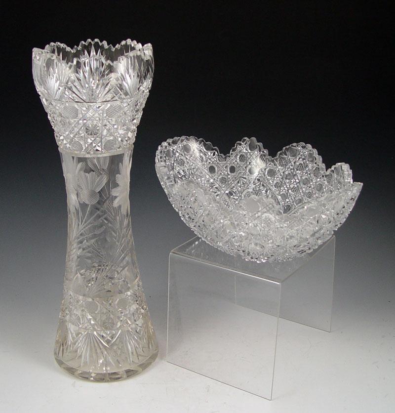 Appraisal: BRILLIANT PERIOD CUT GLASS VASE AND BOWL Large fruit bowl