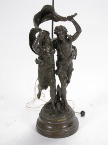 Appraisal: Spelter figural table lamp entitled ''L'Orage'' the Storm after Emile