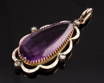 Appraisal: An Edwardian amethyst diamond and white enamel pendant the teardrop