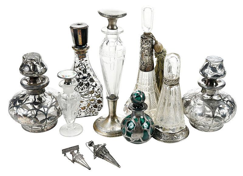 Appraisal: Ten Cologne and Scent Bottles with Silver Mounts th th