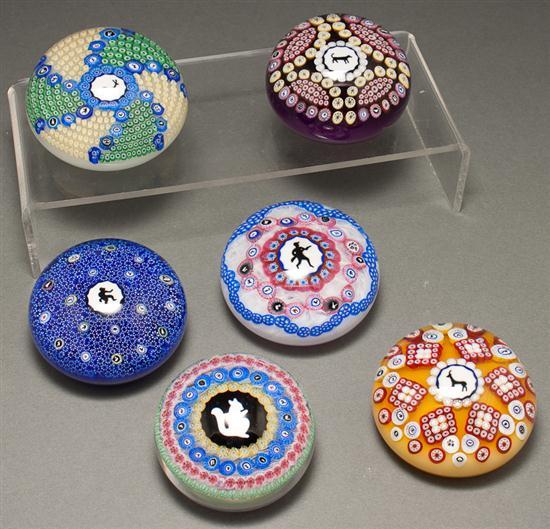 Appraisal: Six Baccarat millefiori glass paperweights with silhouette decoration in Diam