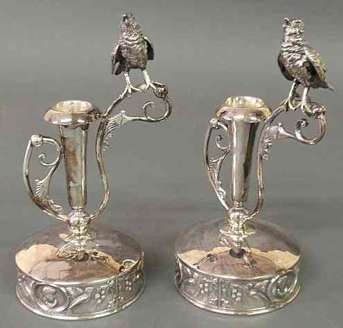 Appraisal: Pair of Wilcox Silverplate Co candlesticks decorated with perched birds