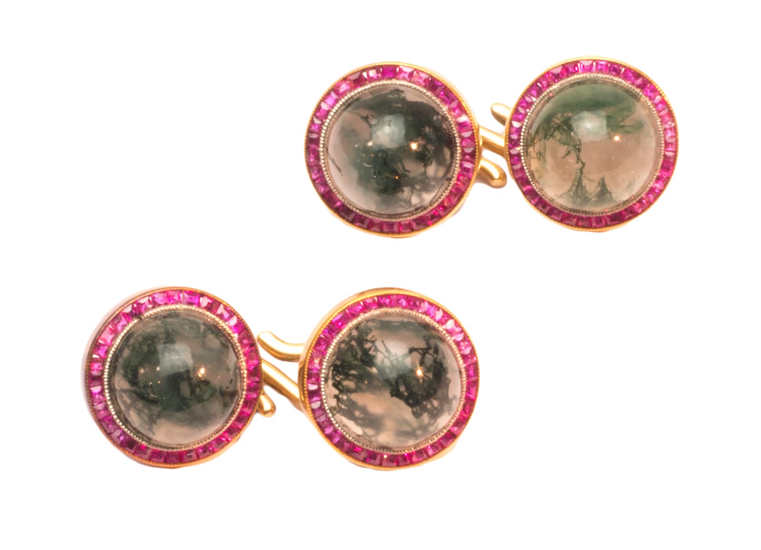 Appraisal: A pair of gold mounted moss agate and ruby set