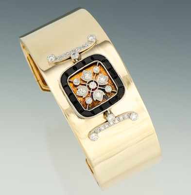 Appraisal: A Ladies' Cuff Bracelet with Diamonds and Onyx k yellow