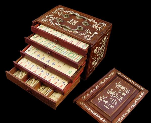 Appraisal: BONE INLAID MAH JONG SET Floral bone inlay on wood