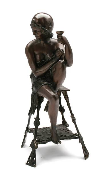 Appraisal: A patinated bronze figure of a girl seated on a