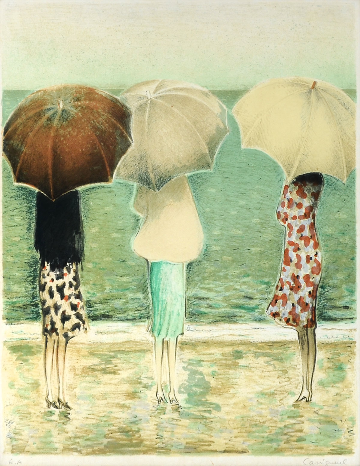 Appraisal: CASSIGNEUL Jean-Pierre French Three Ladies with Umbrellas Standing Lithograph sight